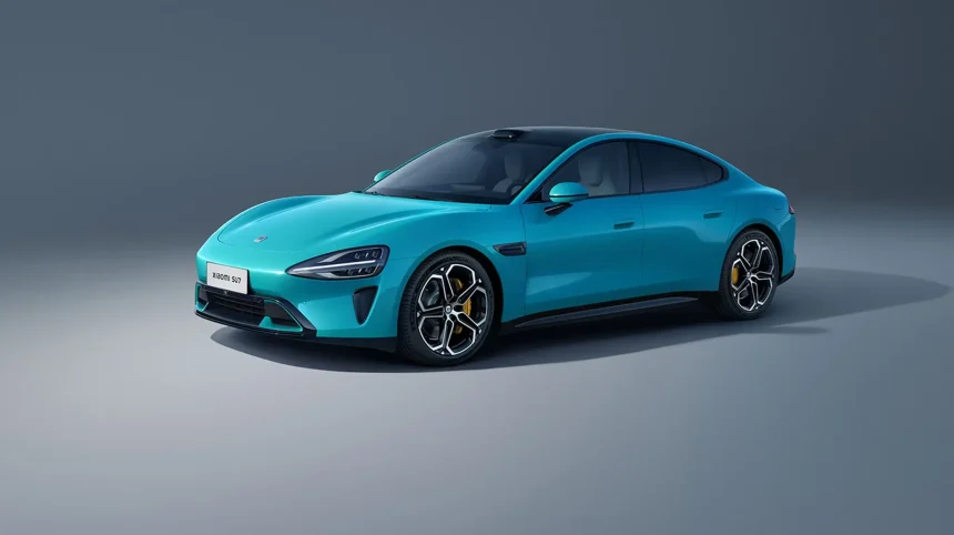 Tampak samping depan mobil listrik terbaru Xiaomi SU7 berwarna biru yang sedang melaju di jalan raya aerodinamis.